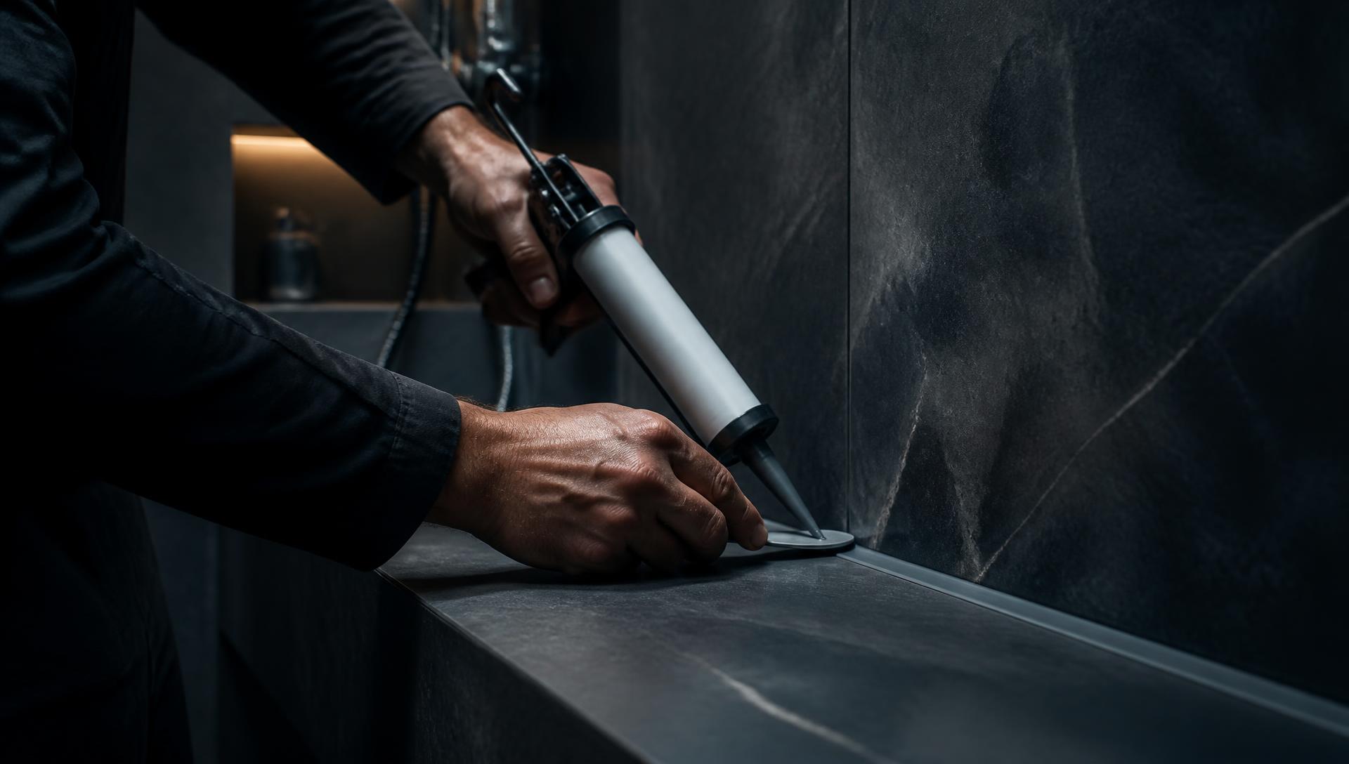 Handwerker zieht präzise eine Silikonfuge in einem modernen Badezimmer
